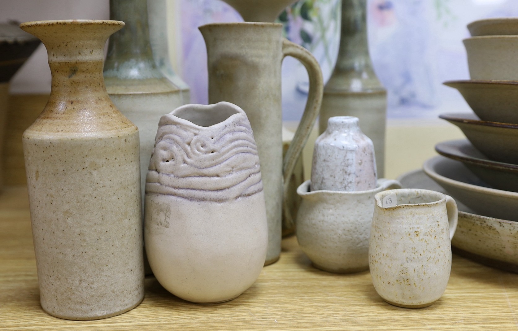 A collection of studio pottery tall stemmed vases and dishes and bowls, The majority by Susan Threadgold tallest 33cm